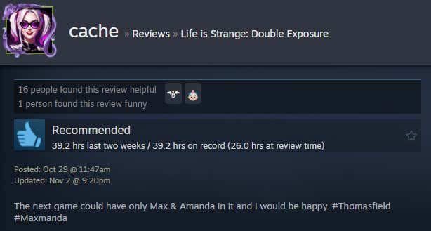 Screenshot showing a Steam review for Life is Strange: Double Exposure.